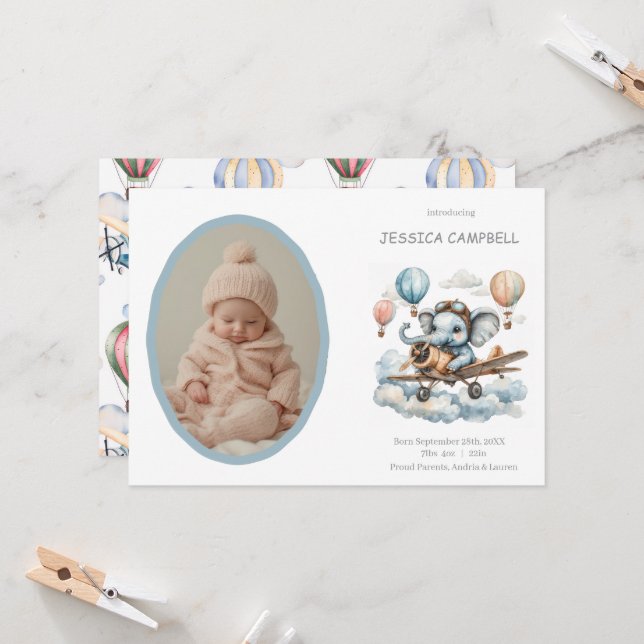 Convite Whimsical Elephant Flying Baby Birth  Announcement (Frente/Verso In Situ)