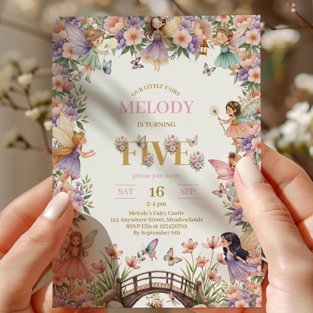 Convite Whimsical Fairy flower 5th birthday Invitation (Criador carregado)
