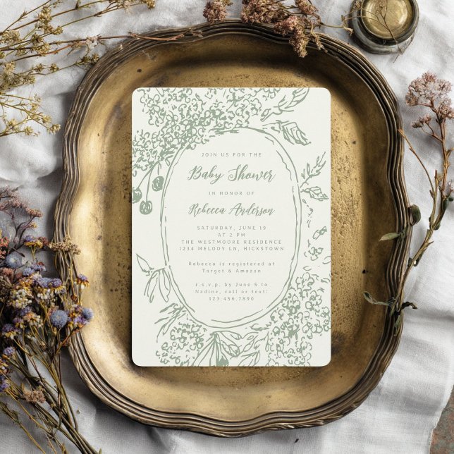 Convite Whimsical Floral Doodle Sage Green Baby Shower (Criador carregado)