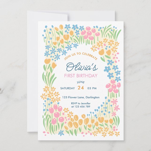 Convite Whimsical Floral First Birthday Party (Frente)