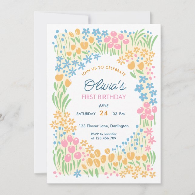 Convite Whimsical Floral First Birthday Party (Frente)