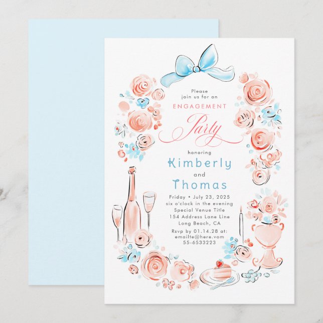 Convite Whimsical Floral Hand Drawn Bow Engagement Party (Frente/Verso)
