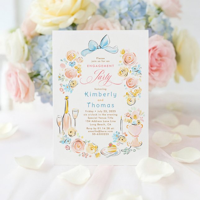 Convite Whimsical Floral Hand Drawn Bow Engagement Party (Pastel Floral Whimsical Engagement Party Invitations)