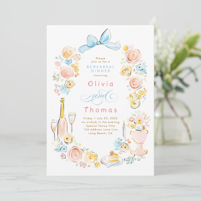Convite Whimsical Floral Hand Drawn Bow Rehearsal Dinner (Em pé/Frente)