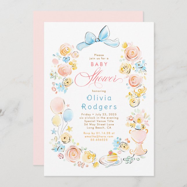 Convite Whimsical Floral Hand Drawn Cute Bow Baby Shower (Frente/Verso)