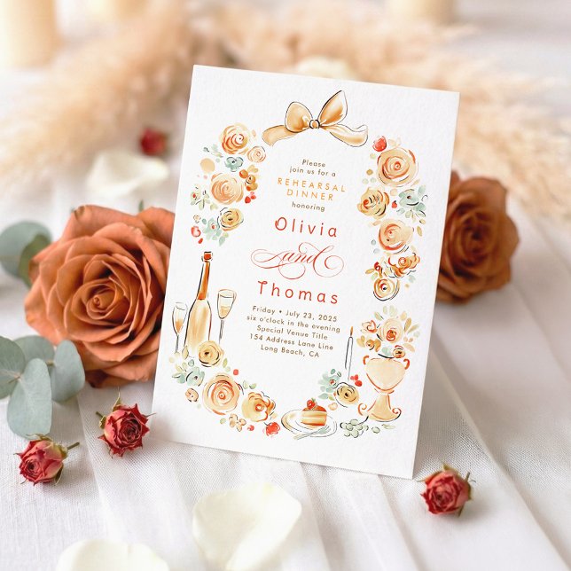 Convite Whimsical Floral Hand Drawn Fall Rehearsal Dinner (Terracotta Whimsical Chic Rehearsal Dinner Invitation)