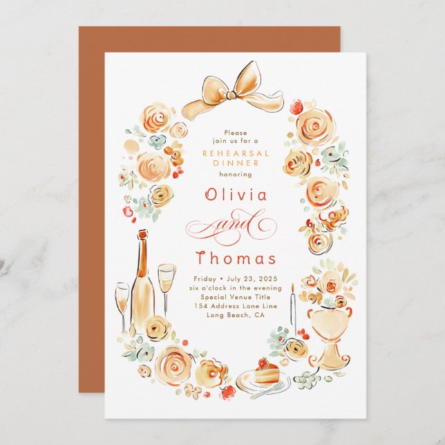 Convite Whimsical Floral Hand Drawn Fall Rehearsal Dinner (Frente/Verso)