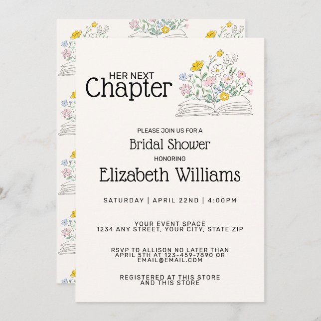 Convite Whimsical Floral Her Next Chapter Bridal Shower  (Frente/Verso)