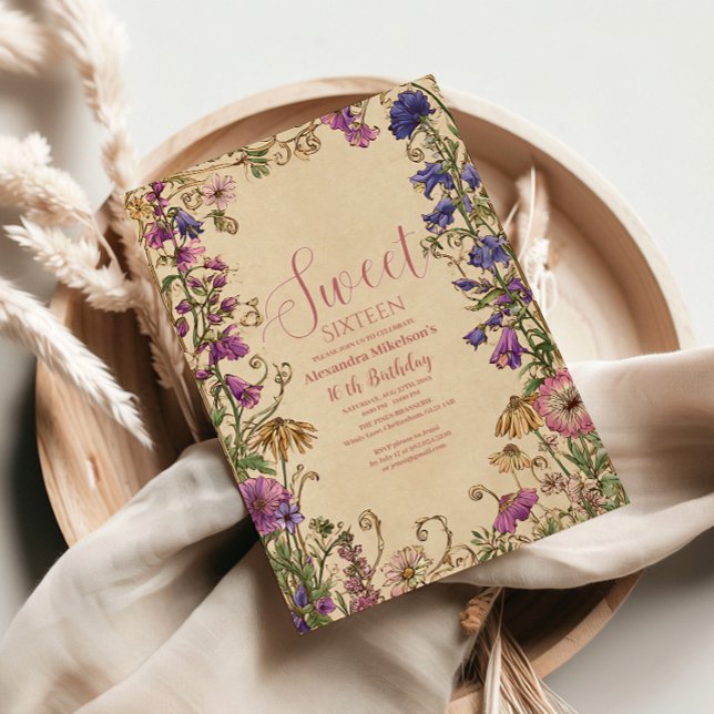 Convite Whimsical Floral Meadow Sweet Sixteen (Criador carregado)