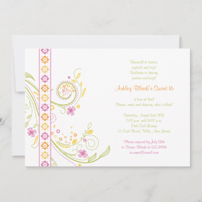 Convite Whimsical Floral Sweet 16 Aniversário (Frente)
