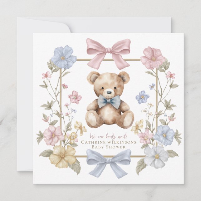 Convite Whimsical Floral Teddy Bear Baby Shower QR code  (Frente)
