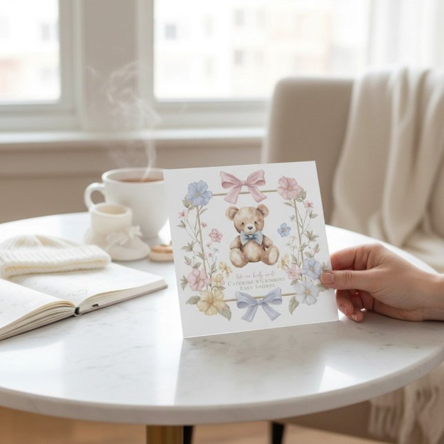 Convite Whimsical Floral Teddy Bear Baby Shower QR code  (Criador carregado)