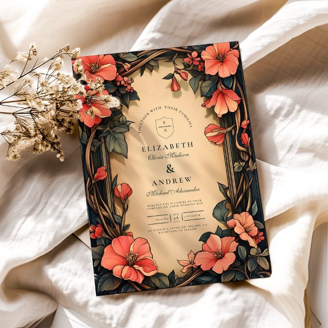 Convite Whimsical Floral Wedding Art Nouveau (Criador carregado)