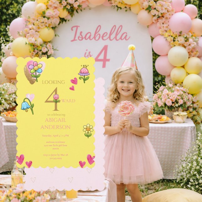 Convite Whimsical Floral Yellow 4th  Birthday Party  (Criador carregado)