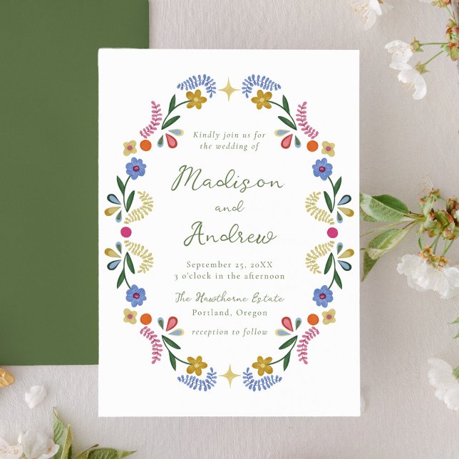 Convite Whimsical Folk Art Floral Wedding Invitation (Criador carregado)