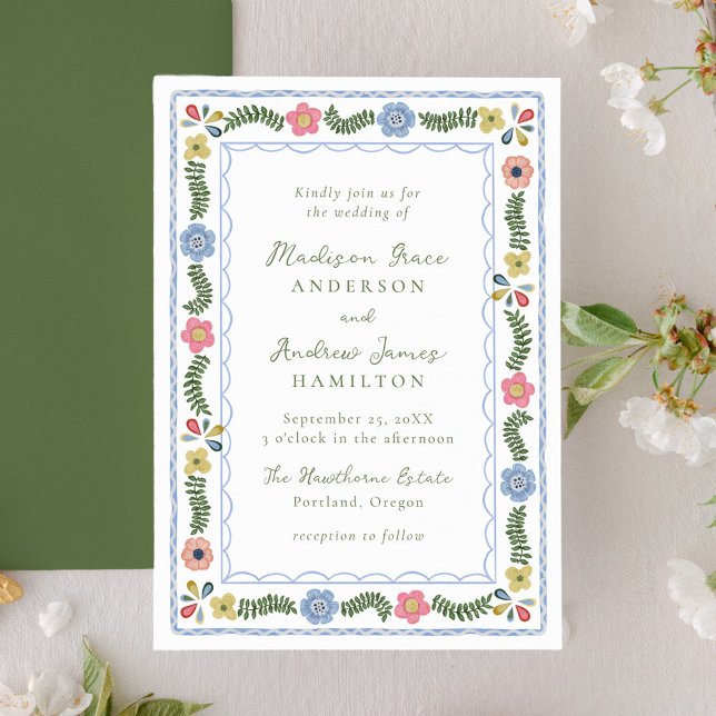Convite Whimsical Folk Art Floral Wedding Invitation (Criador carregado)