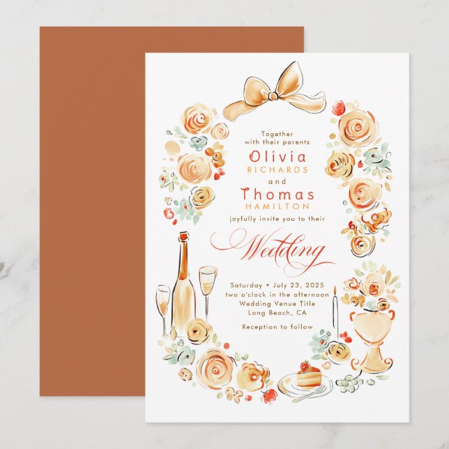 Convite Whimsical French Floral Hand Drawn Fall Wedding (Frente/Verso)