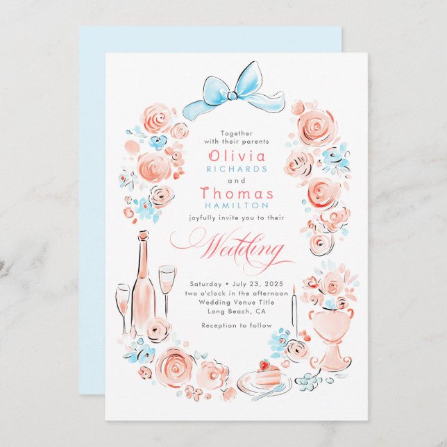 Convite Whimsical French Floral Hand Drawn Wedding (Frente/Verso)