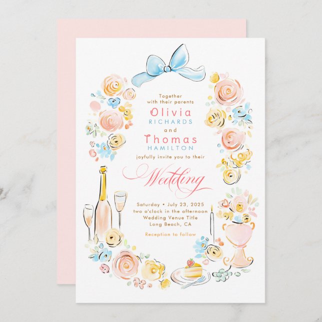 Convite Whimsical French Floral Hand Drawn Wedding (Frente/Verso)