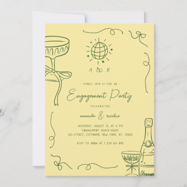 Convite Whimsical French Fun Hand Drawn Engagement Party (Frente)