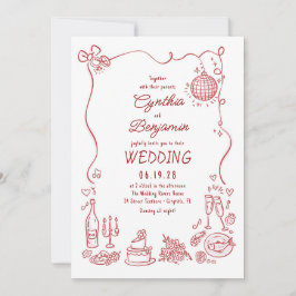 Convite Whimsical Funky Hand Drawn Burgundy Retro Wedding