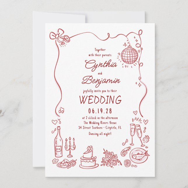 Convite Whimsical Funky Hand Drawn Burgundy Retro Wedding (Frente)