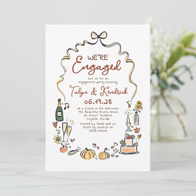 Convite Whimsical Funky Hand Drawn Fall Engagement Party (Em pé/Frente)