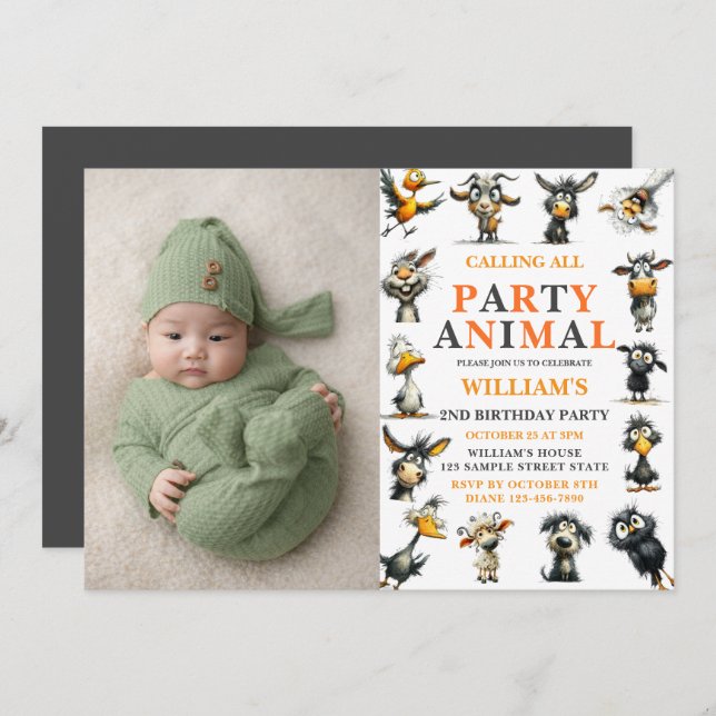 Convite Whimsical Funny Animals 2nd Birthday Party (Frente/Verso)