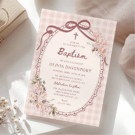 Convite Whimsical Gingham Blush Pink Floral Girl Baptism