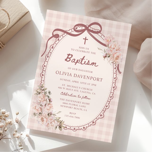 Convite Whimsical Gingham Blush Pink Floral Girl Baptism (Criador carregado)