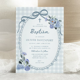 Convite Whimsical Gingham Dusty Blue Floral Boy Baptism