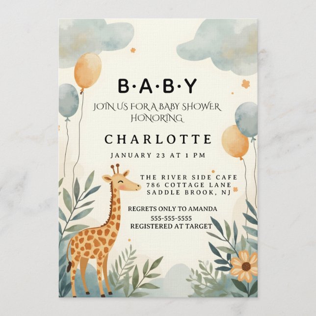 Convite Whimsical Giraffe Baby Shower (Frente)