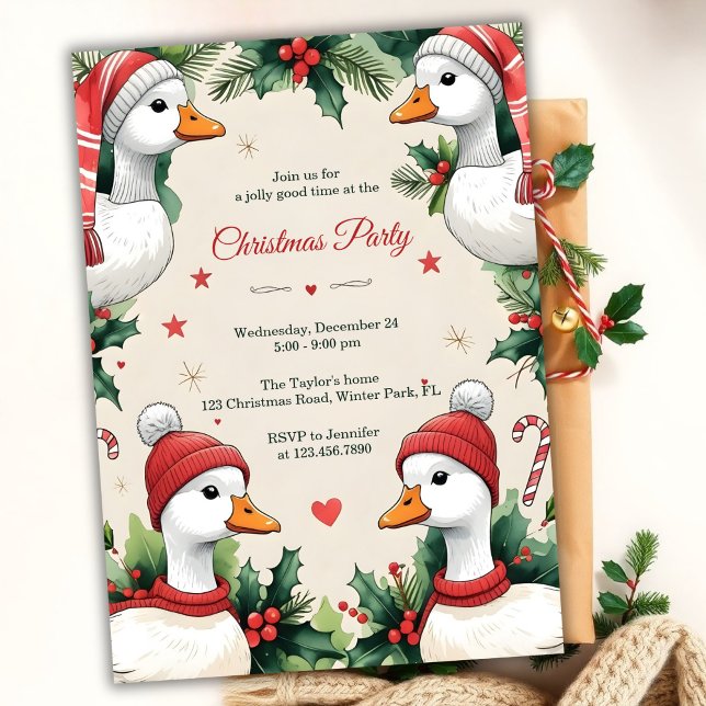 Convite Whimsical Goose Cozy Winter Christmas Party (Whimsical Goose Christmas Party Invitation. Cozy Winter Hats, Holly & Candy Canes)