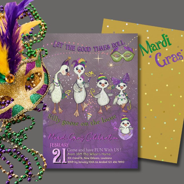 Convite Whimsical Goose Family Mardi Gras Purple Yellow (Whimsical Goose Family Mardi Gras Purple Yellow Invitation)