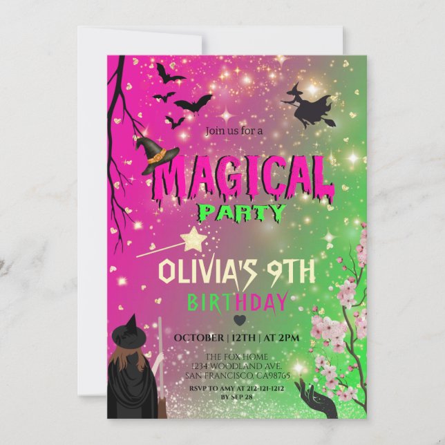 Convite Whimsical Green & Pink Witch girl birthday (Frente)