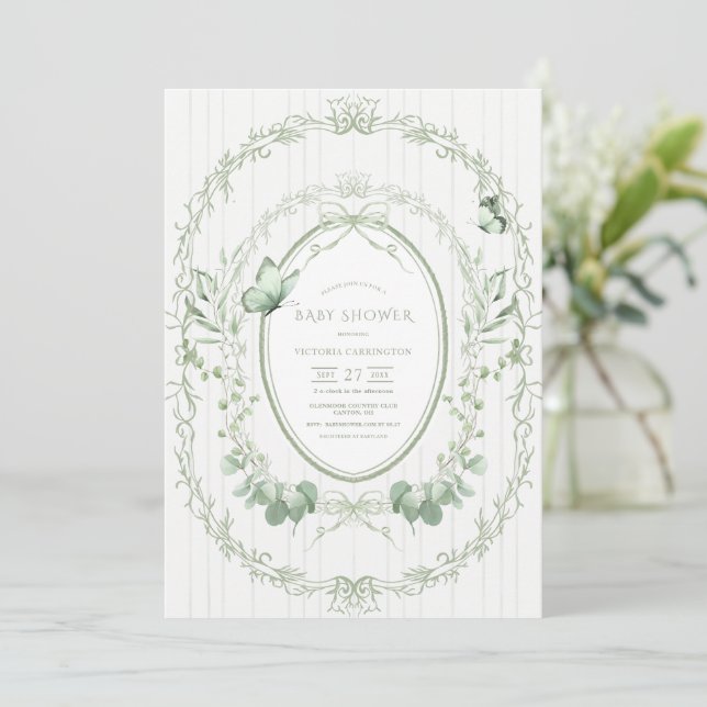 Convite Whimsical Greenery Frame Vintage Baby Shower (Em pé/Frente)