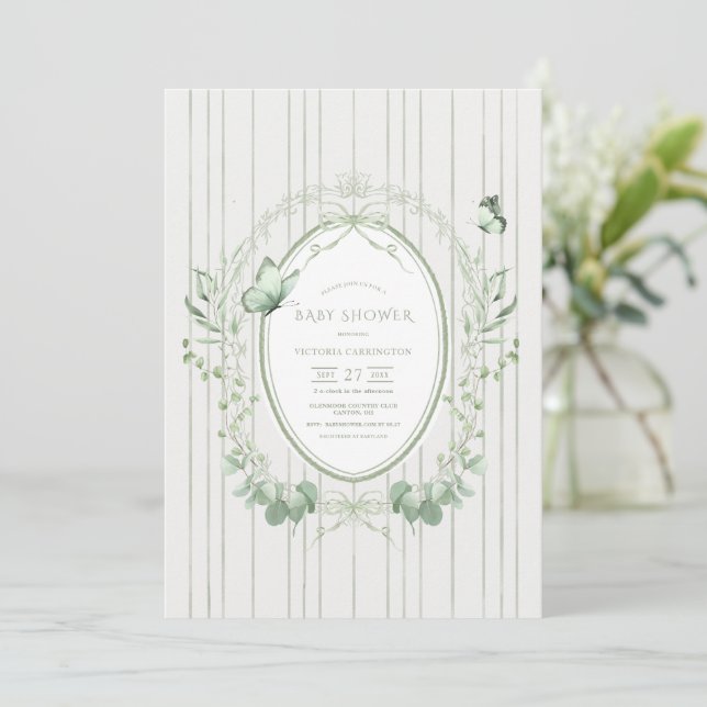 Convite Whimsical Greenery Vintage Baby Shower (Em pé/Frente)