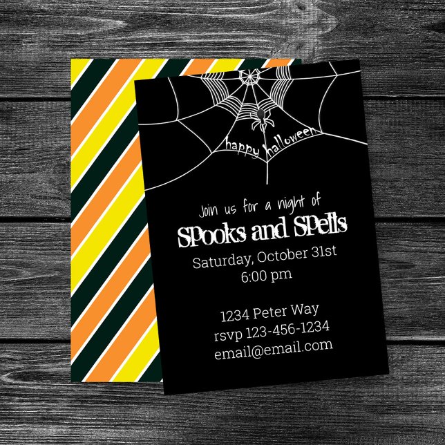 Convite Whimsical Halloween Spooky Scary Spider Web (Spooks and Spells Halloween party design with spider web and spooky black background.)