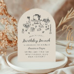 Convite Whimsical Hand Drawn Birthday Brunch Tea Party<br><div class="desc">Este encantador convite de aniversário baseia-se na popular tendência desenhada à mão, que apresenta comidas e bebidas ao estilo francês ou italiano num estilo caprichoso, rabisco, escrivado. Esta design é ideal para uma festa de brunch ou chá de aniversário. Apresenta ilustrações desenhadas à mão de um vaso de flores, bolo,...</div>