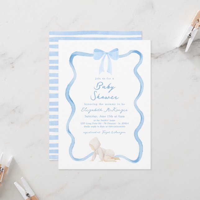 Convite Whimsical Hand Drawn Blue Bow Boy Baby Shower (Frente/Verso In Situ)