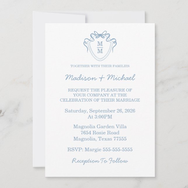 Convite Whimsical Hand Drawn Blue Illustrated Wedding (Frente)
