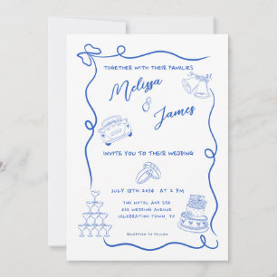Convite Whimsical Hand Drawn Blue Quirky Wedky Wedky