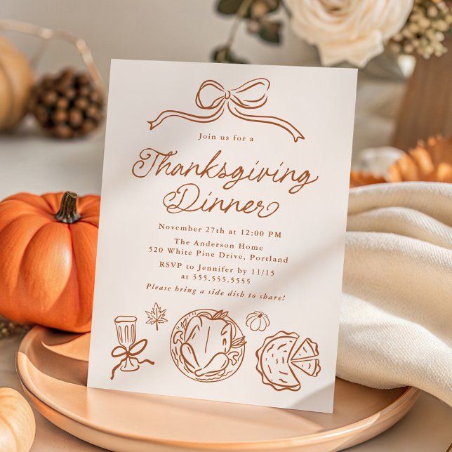 Convite Whimsical Hand-Drawn Bow and Doodles Thanksgiving (Criador carregado)