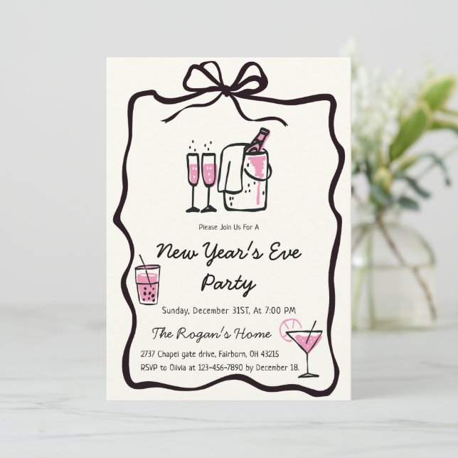 Convite Whimsical Hand Drawn Bow Frame New Year Eve Party (Em pé/Frente)
