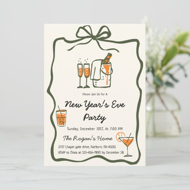 Convite Whimsical Hand Drawn Bow Frame New Year Eve Party (Em pé/Frente)