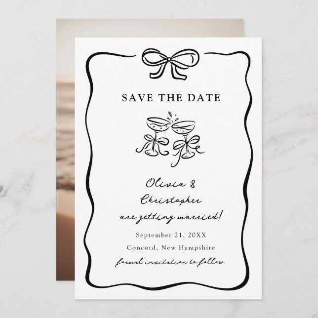 Convite Whimsical Hand Drawn Bow Frame Save the Date (Frente/Verso)