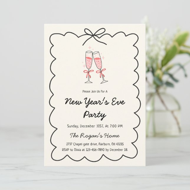 Convite Whimsical Hand Drawn Champagne New Year Eve Party (Em pé/Frente)