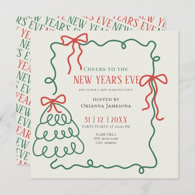 Convite Whimsical Hand Drawn Champagne New Years Eve Party (Frente/Verso)