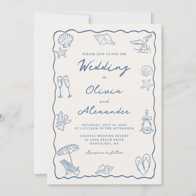 Convite Whimsical Hand Drawn Coastal Beach Wedding (Frente)
