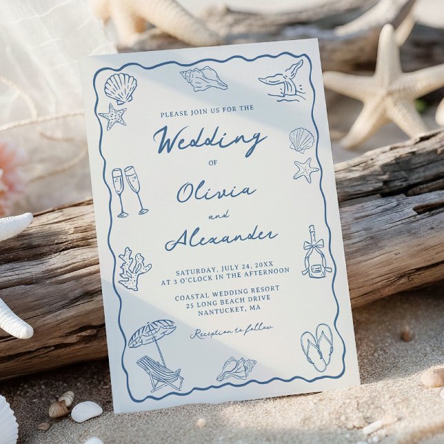 Convite Whimsical Hand Drawn Coastal Beach Wedding (Criador carregado)